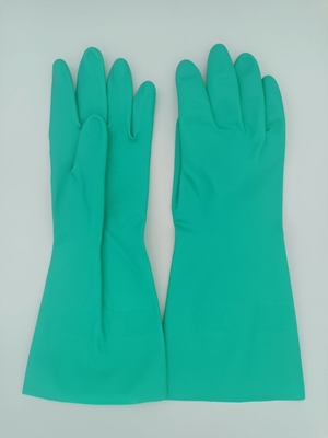 Reunido alineando el guante químico resistente del nitrilo del verde del hogar de los guantes de solvente del nitrilo