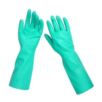 Guantes de nitrilo verde con puntas texturizadas, 33 cm de largo, resistentes a químicos, diseñados para laboratorios e industria alimentaria