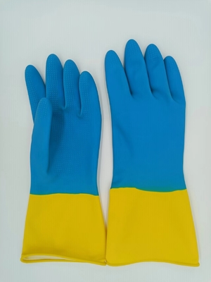 El hogar bicolor industrial del guante del látex amarillo azul se reunió resistencia química