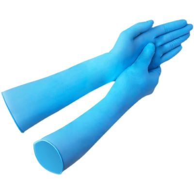 Guante de nitrilo desechable de 16 pulgadas, grado industrial, sin polvo, superficie texturizada, resistente a químicos, examen médico, protección para manos