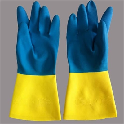 Multitud bicolor del guante industrial del neopreno del látex que alinea guantes químicos del neopreno