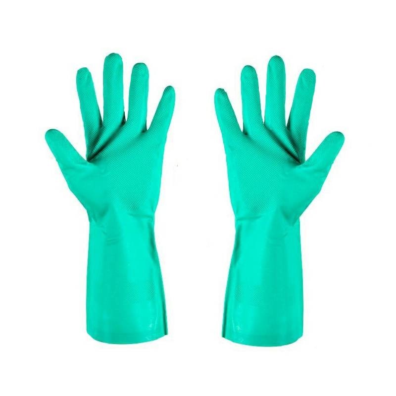 Guante de nitrilo ambidextro de color verde que ofrece protección texturada de las yemas de los dedos para tareas industriales y de laboratorio médicas