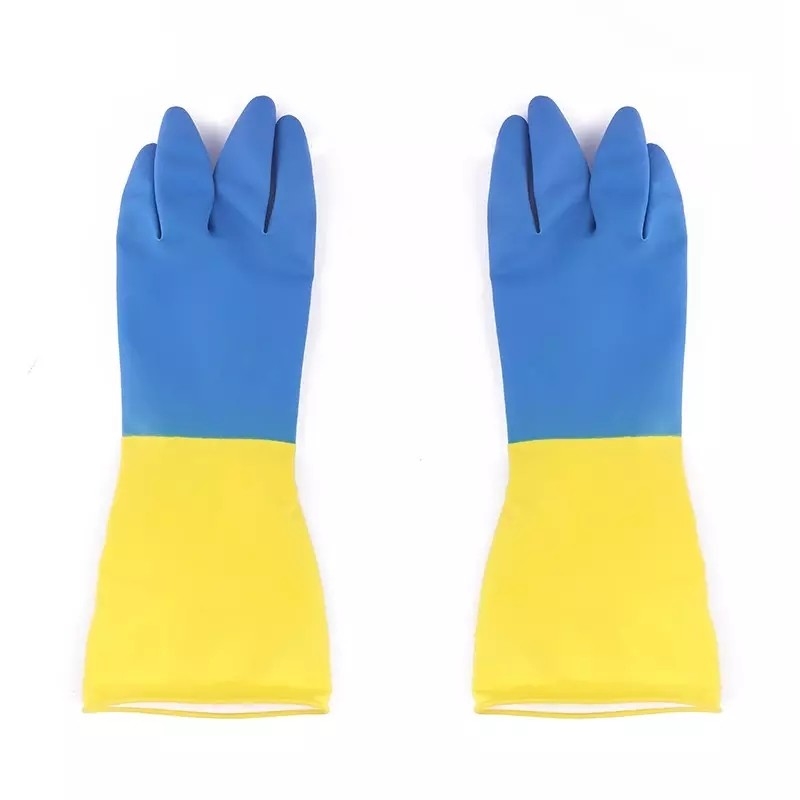 Los guantes resistentes químicos bicolores del látex cultivan un huerto los guantes químicos del látex del lavado del plato